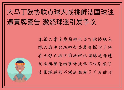 大马丁欧协联点球大战挑衅法国球迷遭黄牌警告 激怒球迷引发争议