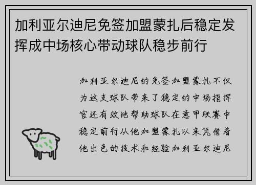 加利亚尔迪尼免签加盟蒙扎后稳定发挥成中场核心带动球队稳步前行