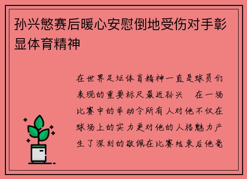 孙兴慜赛后暖心安慰倒地受伤对手彰显体育精神
