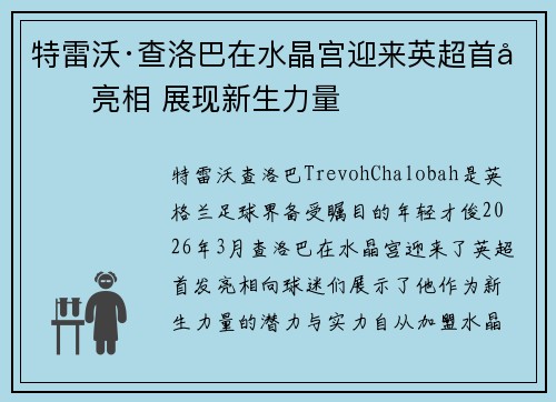 特雷沃·查洛巴在水晶宫迎来英超首发亮相 展现新生力量